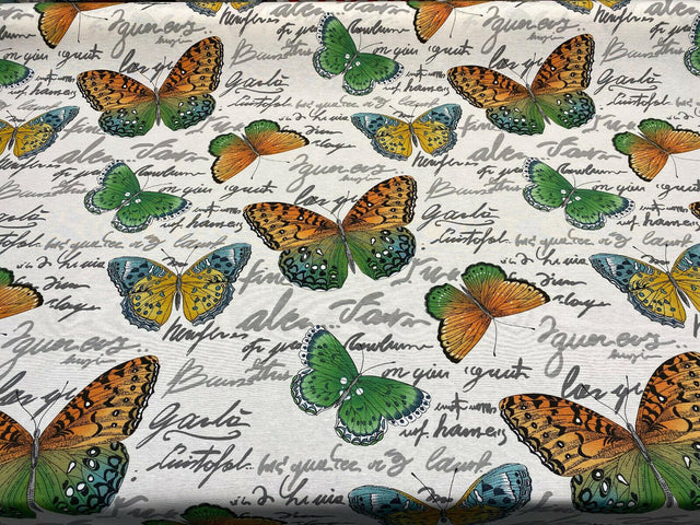 Garla Butterfly Midori Cotton Fabric - Orange, Green, Blue, Yellow Butterfly Print, 54" Width (1 Yard)