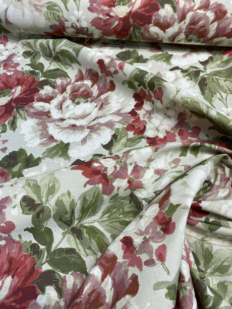 Lumi Floral Vintage Garden Cotton Fabric - Green And Rustic Pink Floral Print, 54" Width (1 Yard)