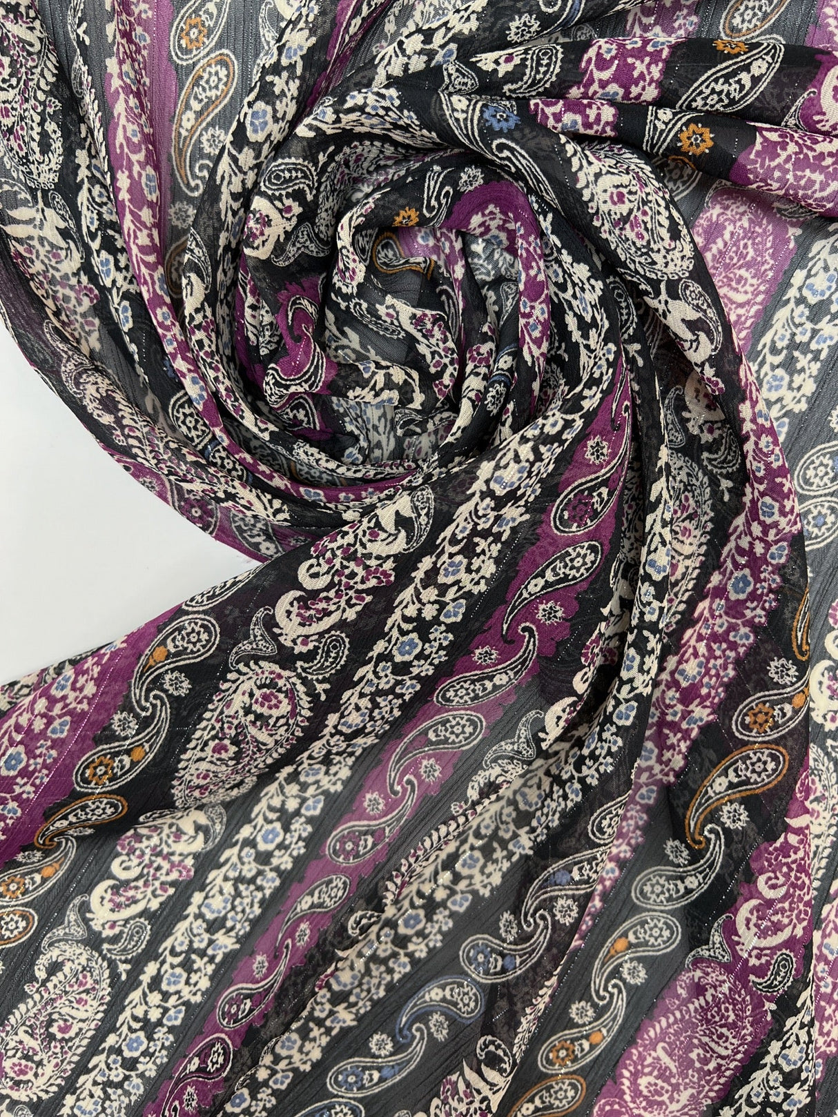 Printed Black Purple Lurex Chiffon