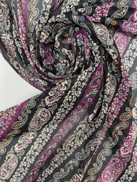 Printed Black Purple Lurex Chiffon