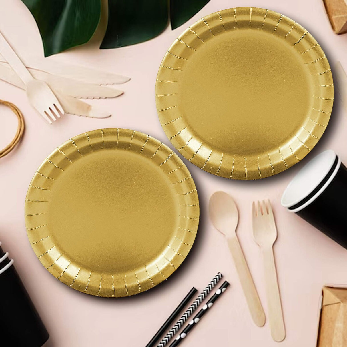7 Inch Metallic Gold Color Round Paper Plates 24 Count for Desserts and Snacks