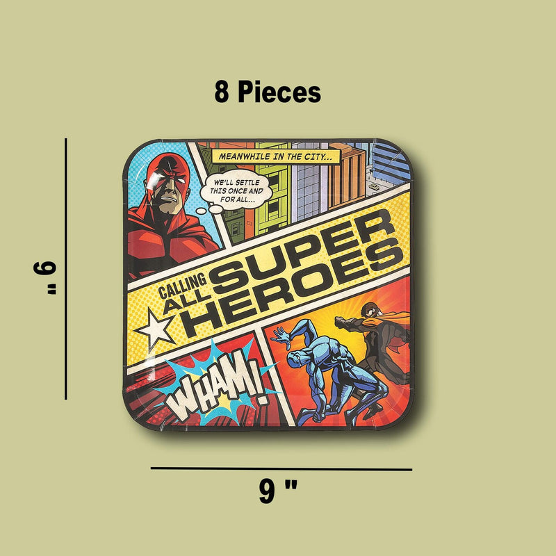 8 Count Superhero Comic Paper Plates 9 Inch Square Birthday Party Supplies