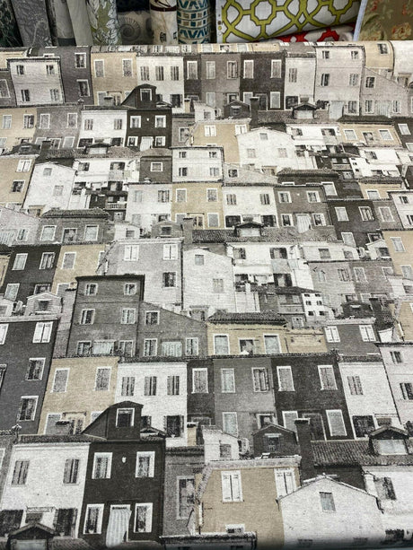 Architecture Building Toile Symi Sepia Cotton Polyester Fabric - Beige Gray Sepia Black Off White, Drapery Upholstery, By The Yard (1 Yard)