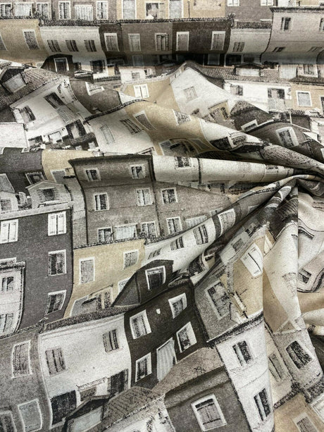 Architecture Building Toile Symi Sepia Cotton Polyester Fabric - Beige Gray Sepia Black Off White, Drapery Upholstery, By The Yard (1 Yard)