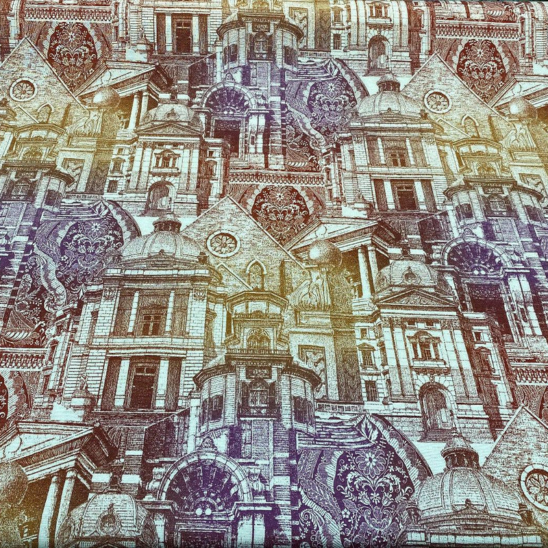 Architecture Building Toile Arqui Cotton Polyester Fabric - Purple Red Gold Architectural Toile, 55" Width (1 Yard)
