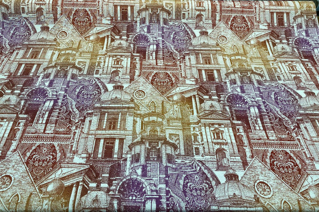 Architecture Building Toile Arqui Cotton Polyester Fabric - Purple Red Gold Architectural Toile, 55" Width (1 Yard)