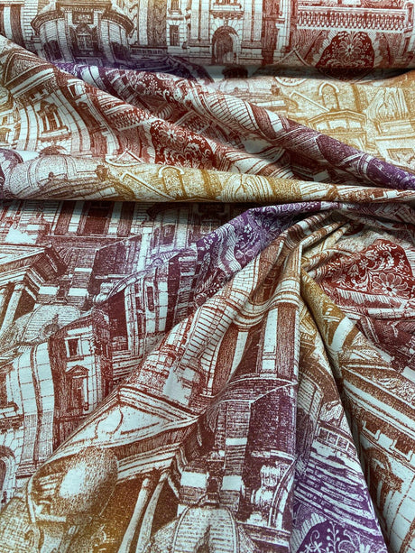 Architecture Building Toile Arqui Cotton Polyester Fabric - Purple Red Gold Architectural Toile, 55" Width (1 Yard)