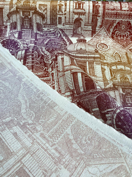 Architecture Building Toile Arqui Cotton Polyester Fabric - Purple Red Gold Architectural Toile, 55" Width (1 Yard)