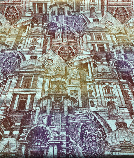 Architecture Building Toile Arqui Cotton Polyester Fabric - Purple Red Gold Architectural Toile, 55" Width (1 Yard)
