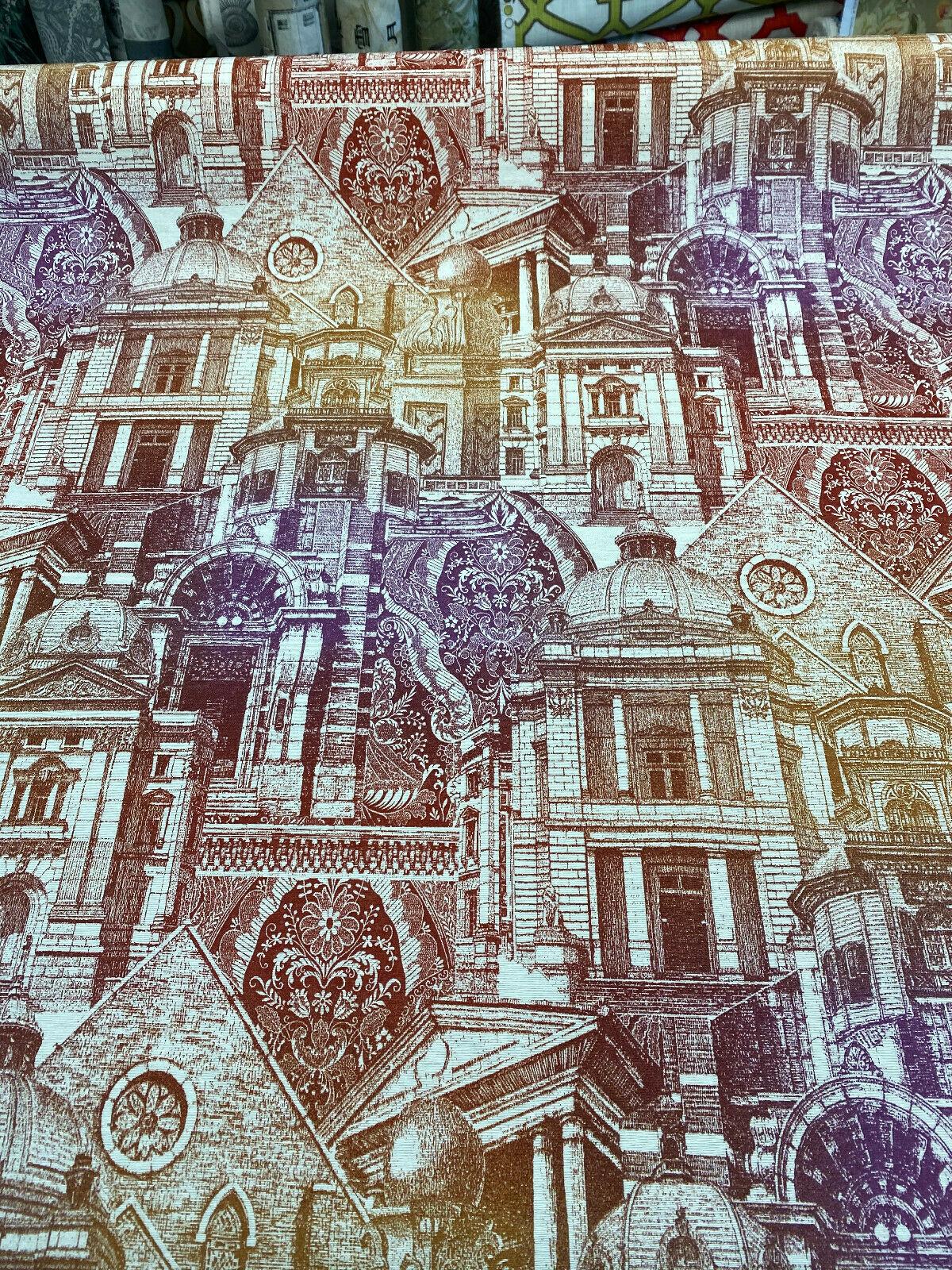 Architecture Building Toile Arqui Cotton Polyester Fabric - Purple Red Gold Architectural Toile, 55" Width (1 Yard)