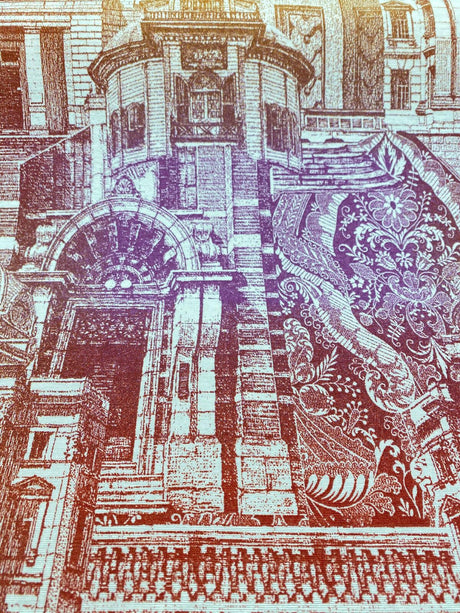 Architecture Building Toile Arqui Cotton Polyester Fabric - Purple Red Gold Architectural Toile, 55" Width (1 Yard)