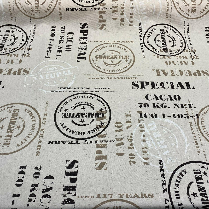 Cacao Special Sepia Cotton Fabric - White Brown On Beige Linen Background, 54" Width, 27" Horizontal Repeat, 24.5" Vertical Repeat (1 Yard)