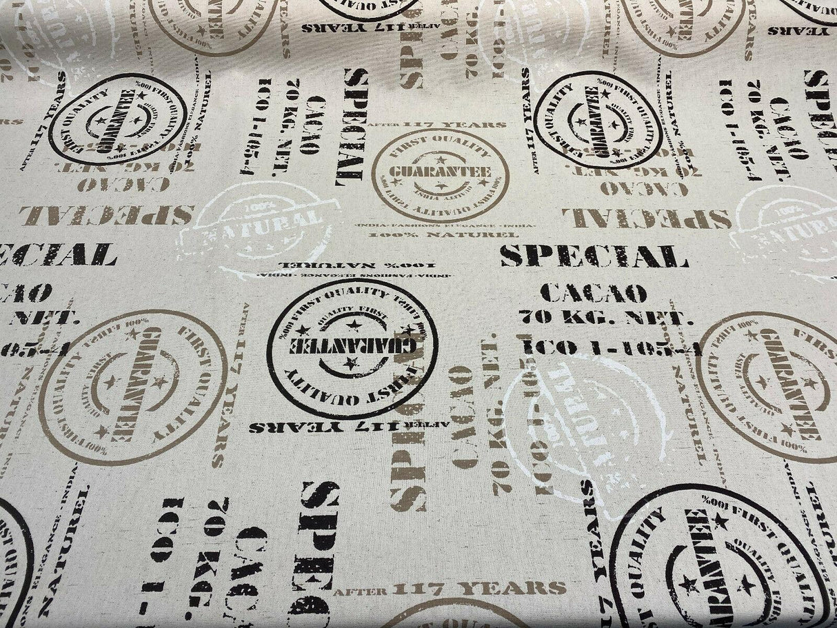 Cacao Special Sepia Cotton Fabric - White Brown On Beige Linen Background, 54" Width, 27" Horizontal Repeat, 24.5" Vertical Repeat (1 Yard)