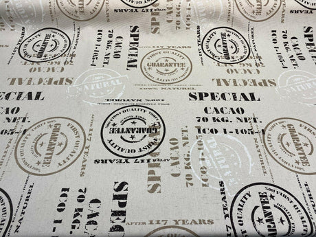 Cacao Special Sepia Cotton Fabric - White Brown On Beige Linen Background, 54" Width, 27" Horizontal Repeat, 24.5" Vertical Repeat (1 Yard)
