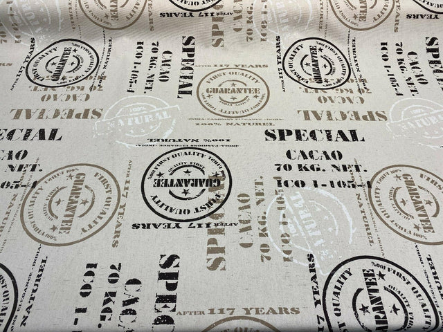 Cacao Special Sepia Cotton Fabric - White Brown On Beige Linen Background, 54" Width, 27" Horizontal Repeat, 24.5" Vertical Repeat (1 Yard)