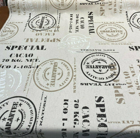 Cacao Special Sepia Cotton Fabric - White Brown On Beige Linen Background, 54" Width, 27" Horizontal Repeat, 24.5" Vertical Repeat (1 Yard)