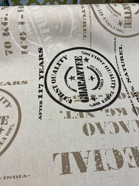 Cacao Special Sepia Cotton Fabric - White Brown On Beige Linen Background, 54" Width, 27" Horizontal Repeat, 24.5" Vertical Repeat (1 Yard)