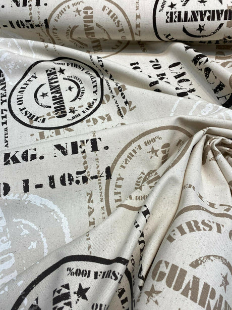 Cacao Special Sepia Cotton Fabric - White Brown On Beige Linen Background, 54" Width, 27" Horizontal Repeat, 24.5" Vertical Repeat (1 Yard)