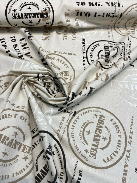 Cacao Special Sepia Cotton Fabric - White Brown On Beige Linen Background, 54" Width, 27" Horizontal Repeat, 24.5" Vertical Repeat (1 Yard)