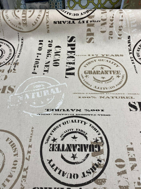 Cacao Special Sepia Cotton Fabric - White Brown On Beige Linen Background, 54" Width, 27" Horizontal Repeat, 24.5" Vertical Repeat (1 Yard)