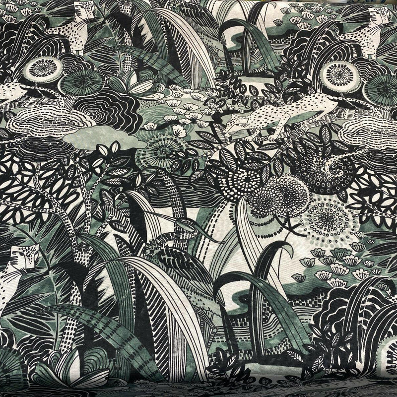 Jungle Toile Cotton Polyester Fabric - Green Forest Animal Toile, 27" Horizontal Repeat, 25" Vertical Repeat (1 Yard)