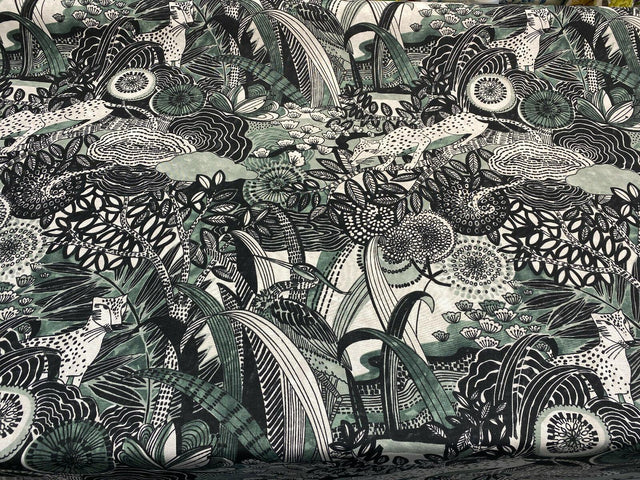 Jungle Toile Cotton Polyester Fabric - Green Forest Animal Toile, 27" Horizontal Repeat, 25" Vertical Repeat (1 Yard)