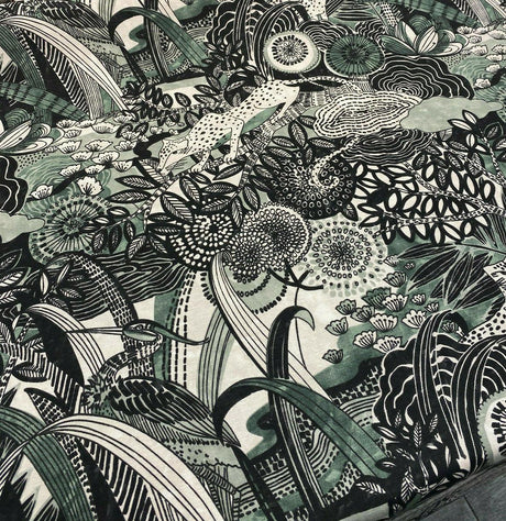 Jungle Toile Cotton Polyester Fabric - Green Forest Animal Toile, 27" Horizontal Repeat, 25" Vertical Repeat (1 Yard)