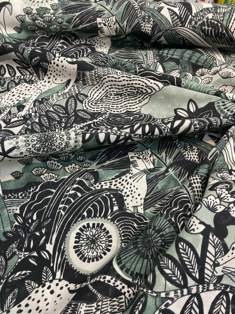 Jungle Toile Cotton Polyester Fabric - Green Forest Animal Toile, 27" Horizontal Repeat, 25" Vertical Repeat (1 Yard)