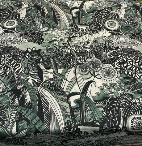 Jungle Toile Cotton Polyester Fabric - Green Forest Animal Toile, 27" Horizontal Repeat, 25" Vertical Repeat (1 Yard)
