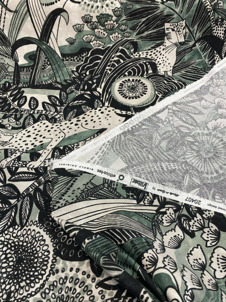 Jungle Toile Cotton Polyester Fabric - Green Forest Animal Toile, 27" Horizontal Repeat, 25" Vertical Repeat (1 Yard)
