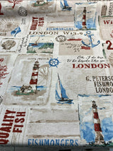 Beside The Sea London Watchtower Cotton Polyester Print Fabric - Red Blue Green Beige On Sepia Background, 54" Width (1 Yard)