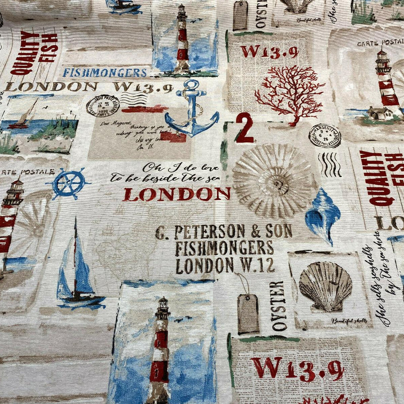 Beside The Sea London Watchtower Cotton Polyester Print Fabric - Red Blue Green Beige On Sepia Background, 54" Width (1 Yard)