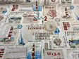 Beside The Sea London Watchtower Cotton Polyester Print Fabric - Red Blue Green Beige On Sepia Background, 54" Width (1 Yard)