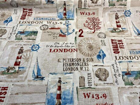 Beside The Sea London Watchtower Cotton Polyester Print Fabric - Red Blue Green Beige On Sepia Background, 54" Width (1 Yard)