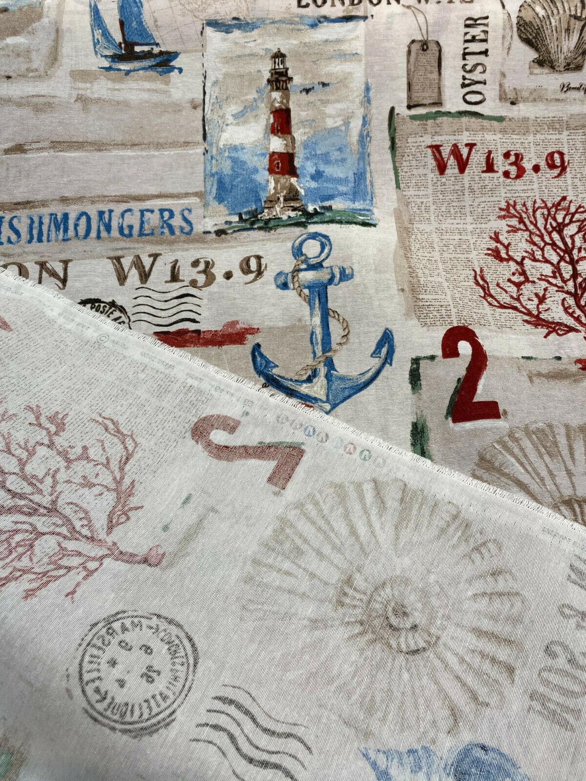 Beside The Sea London Watchtower Cotton Polyester Print Fabric - Red Blue Green Beige On Sepia Background, 54" Width (1 Yard)