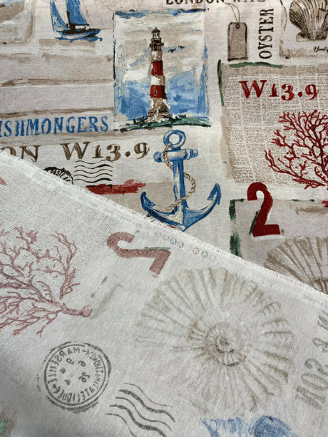 Beside The Sea London Watchtower Cotton Polyester Print Fabric - Red Blue Green Beige On Sepia Background, 54" Width (1 Yard)