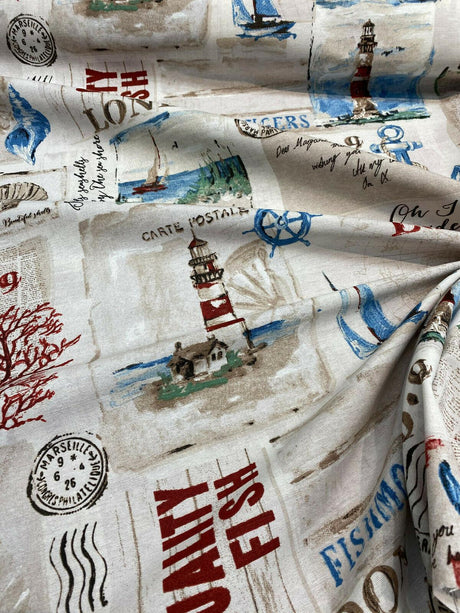 Beside The Sea London Watchtower Cotton Polyester Print Fabric - Red Blue Green Beige On Sepia Background, 54" Width (1 Yard)