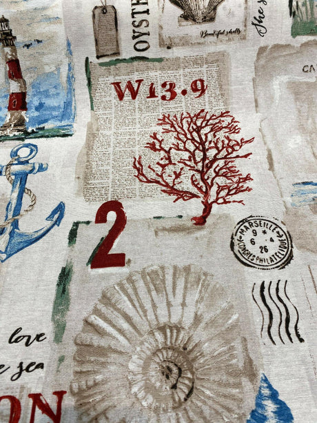 Beside The Sea London Watchtower Cotton Polyester Print Fabric - Red Blue Green Beige On Sepia Background, 54" Width (1 Yard)