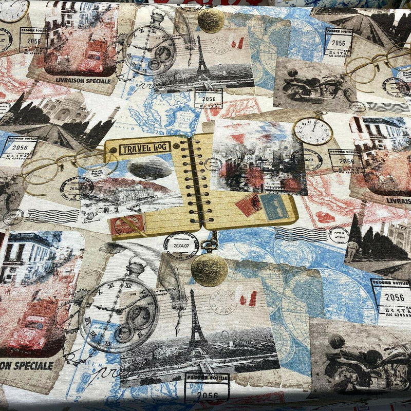 Travel Eiffel Tower Taj Mahal Sydney Cotton Polyester Print Fabric - Multi Color Travel Motif, 54" Width (1 Yard)