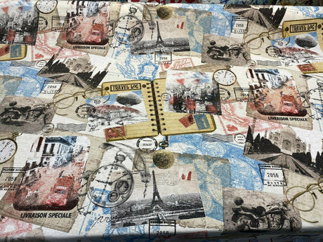Travel Eiffel Tower Taj Mahal Sydney Cotton Polyester Print Fabric - Multi Color Travel Motif, 54" Width (1 Yard)