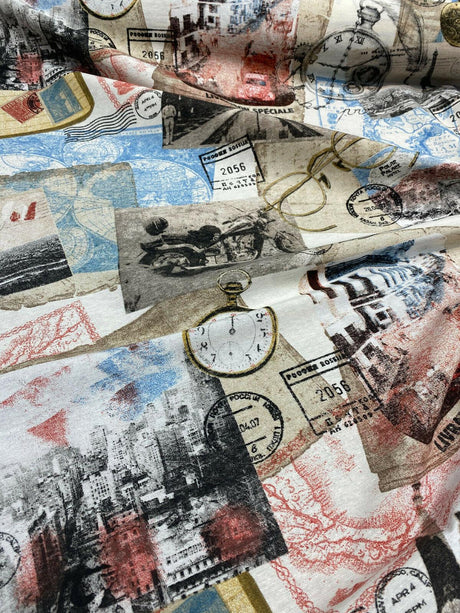 Travel Eiffel Tower Taj Mahal Sydney Cotton Polyester Print Fabric - Multi Color Travel Motif, 54" Width (1 Yard)