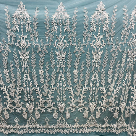 Beaded Lace Fabric Embroidered On 100 Percent Polyester Net Mesh - Off White, Antique Silver, White, 51" Wide (1 Yard)