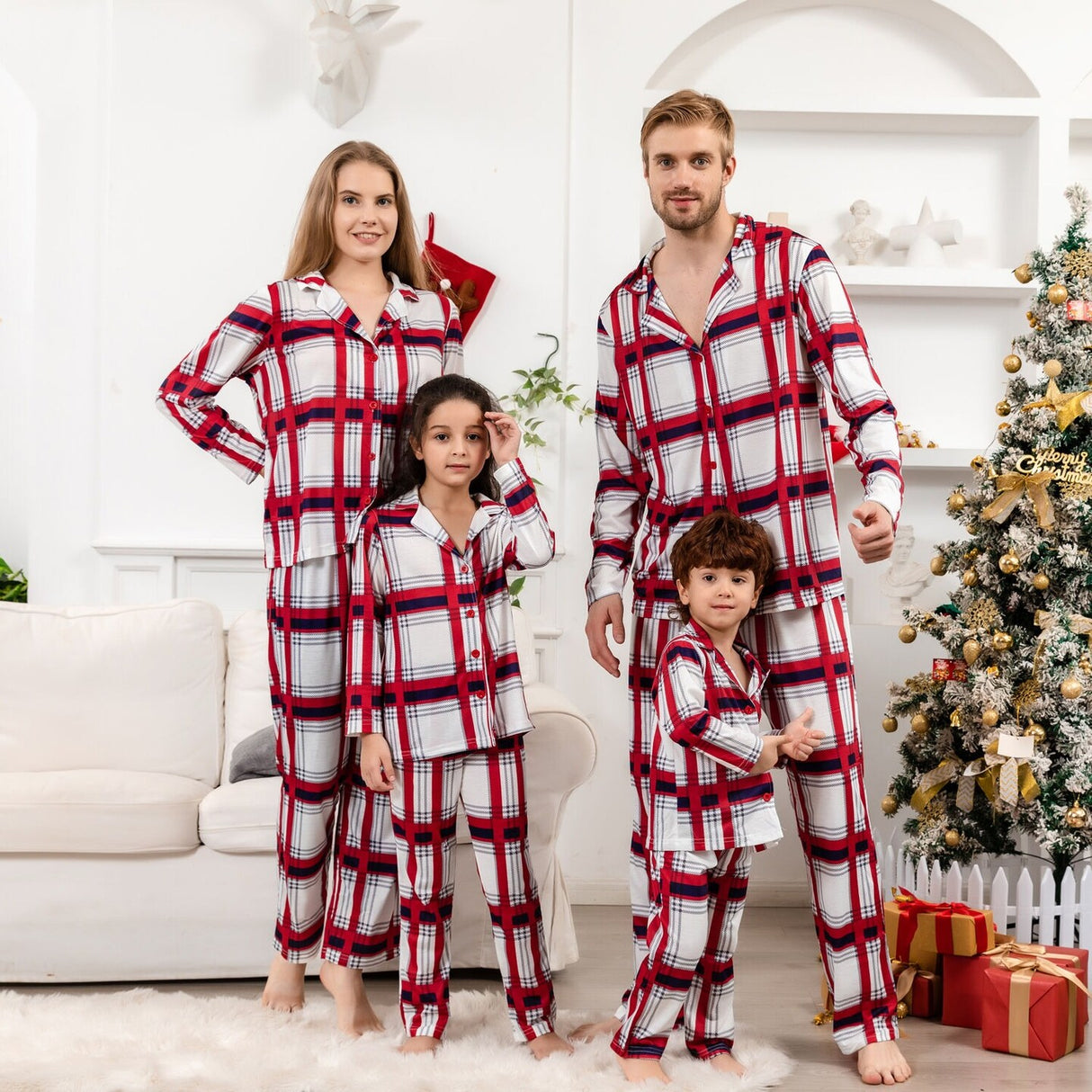 Christmas Outfits Checkered Open Button Pajamas Sets