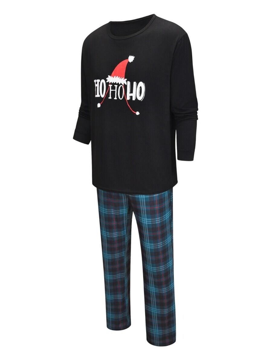 Christmas Hat Homewear Set Black Top & Plaid Pants