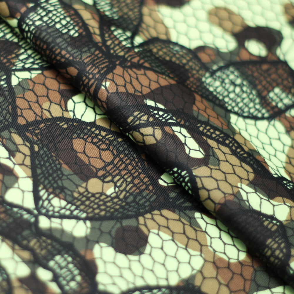 Bohemian Camo Polyester Spandex Fabric - Yellow/Olive Modern Camo Print, 58/60" Width (1 Yard)