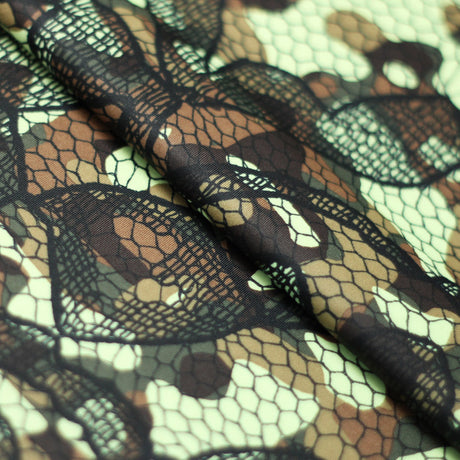 Bohemian Camo Polyester Spandex Fabric - Yellow/Olive Modern Camo Print, 58/60" Width (1 Yard)