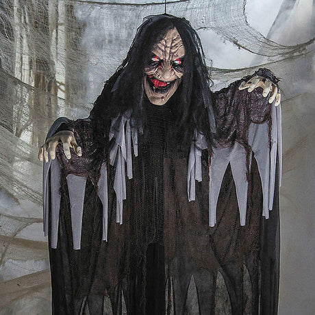 6 Ft Talking Hanging Witch Black Cloak Light Up Eyes Halloween Decoration