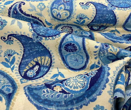 P Kaufmann Blue Paisley Fiesta Dance Tide Polyester Fabric - Blue Paisley, 54" Width (1 Yard)