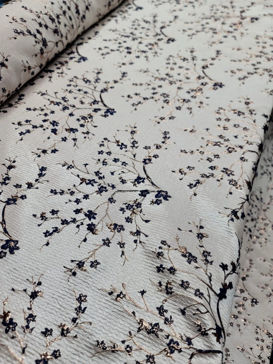 Brocade Jacquard Navy Blue Metallic Rose Gold Floral