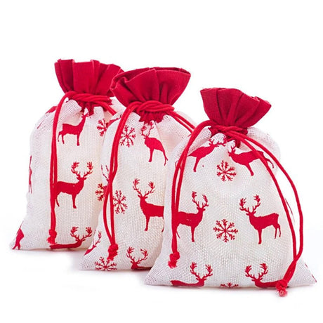 White & Red Christmas Deer Fabric Bag 6” x 8” Holiday Packaging